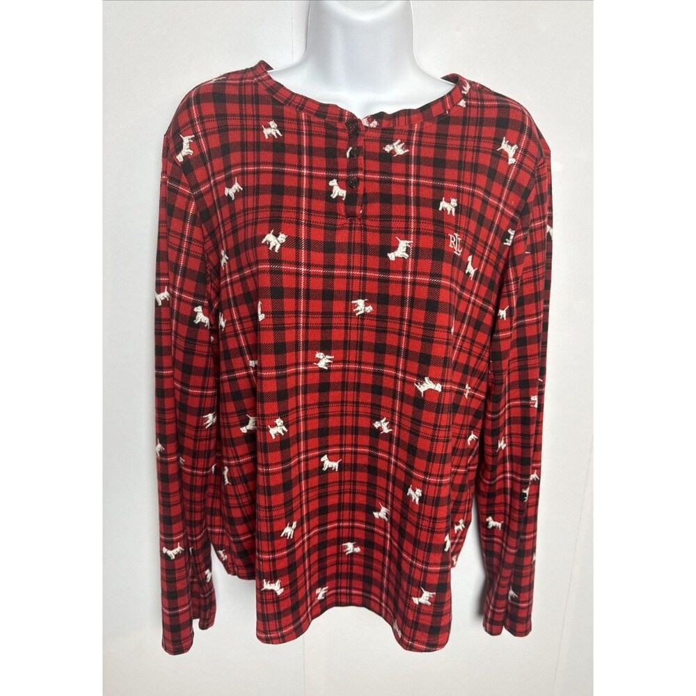 Lauren Ralph Lauren Womens Large Plaid Flannel Sleep Top Monogram Nightshirt‎